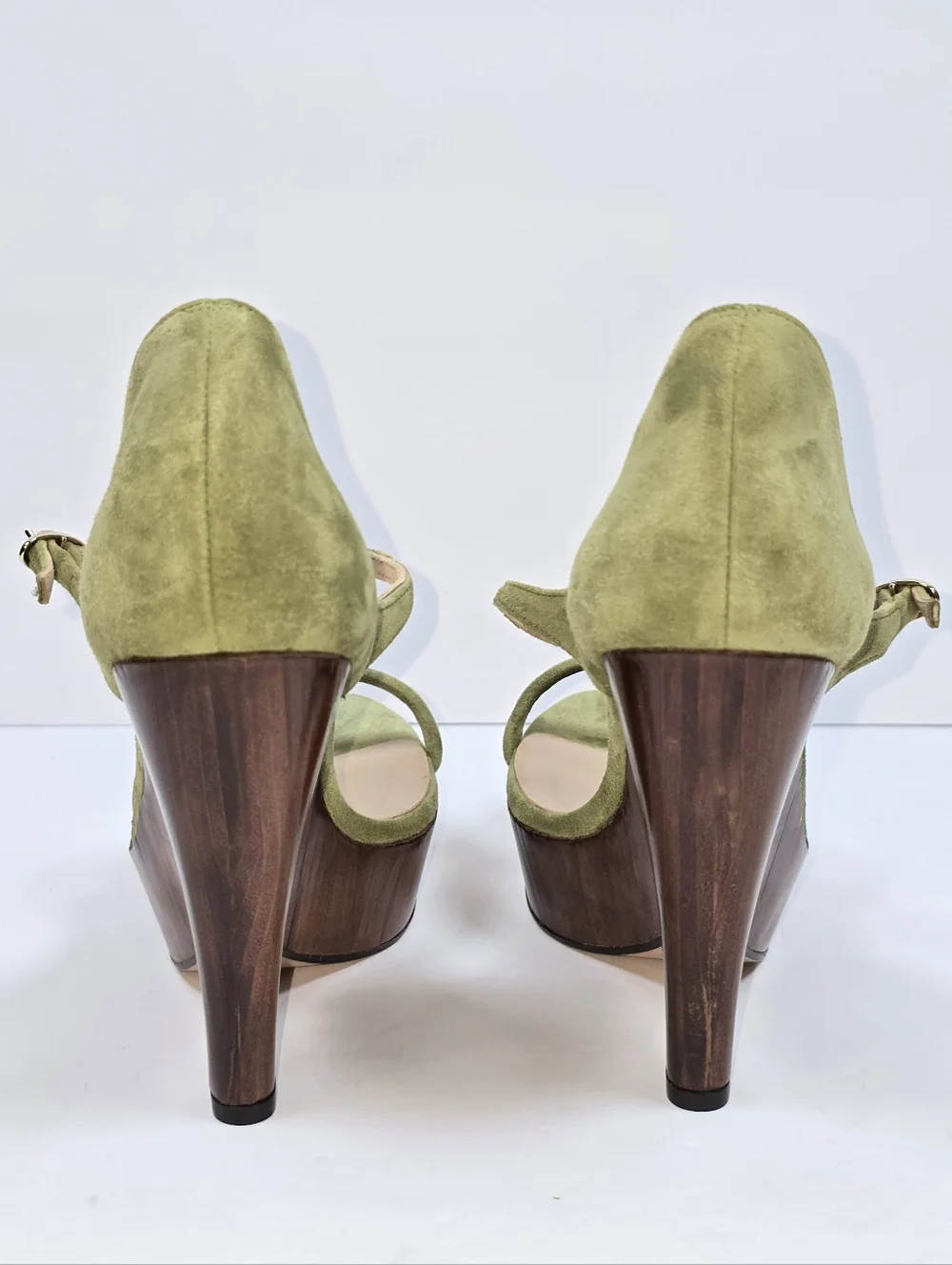 Pura Lopez Green Suede Countour Wood Wedge Platform Sandals Ankle Strap 38 - Picture 7 of 14